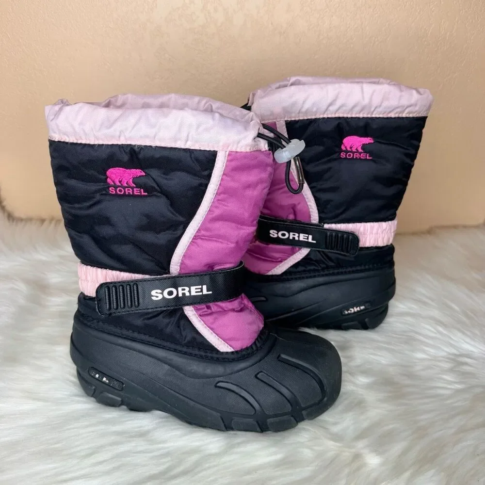 Sorel Flurry Pink Black Winter Lined Snow Boots Size 2